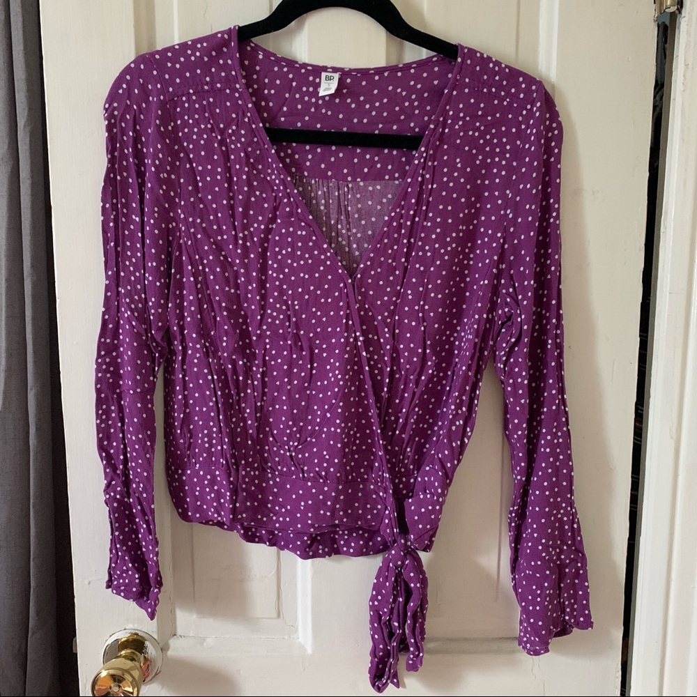 Purple & White Polka Dot B.P. Long-Sleeve Wrap Blouse